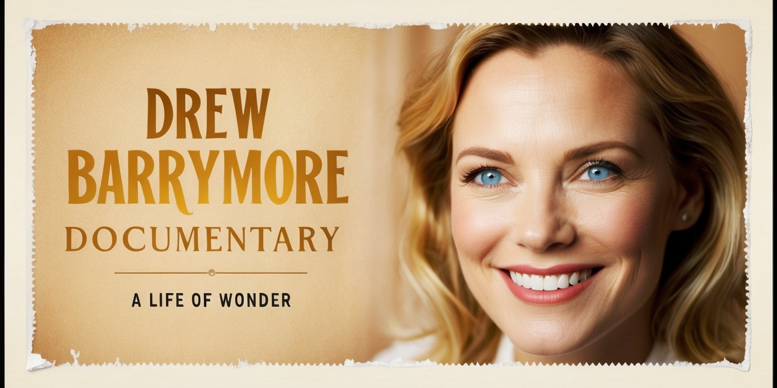 A vintage-style documentary poster featuring a warm and inviting portrait of Drew Barrymore, with a soft, natural light illuminating her face, emphasizing her bright blue eyes and signature smile, set against a warm beige background with subtle film grain texture, the title Drew Barrymore Documentary emblazoned in bold, golden font with a classic serif style, accompanied by a tagline A Life of Wonder written in smaller text above the title, in a gentle, cursive script, with a subtle gradient effect that adds a sense of nostalgia and sophistication to the overall design, framed by a thin, cream-colored border with a slight worn, distressed look, evoking the feeling of a retro movie poster.