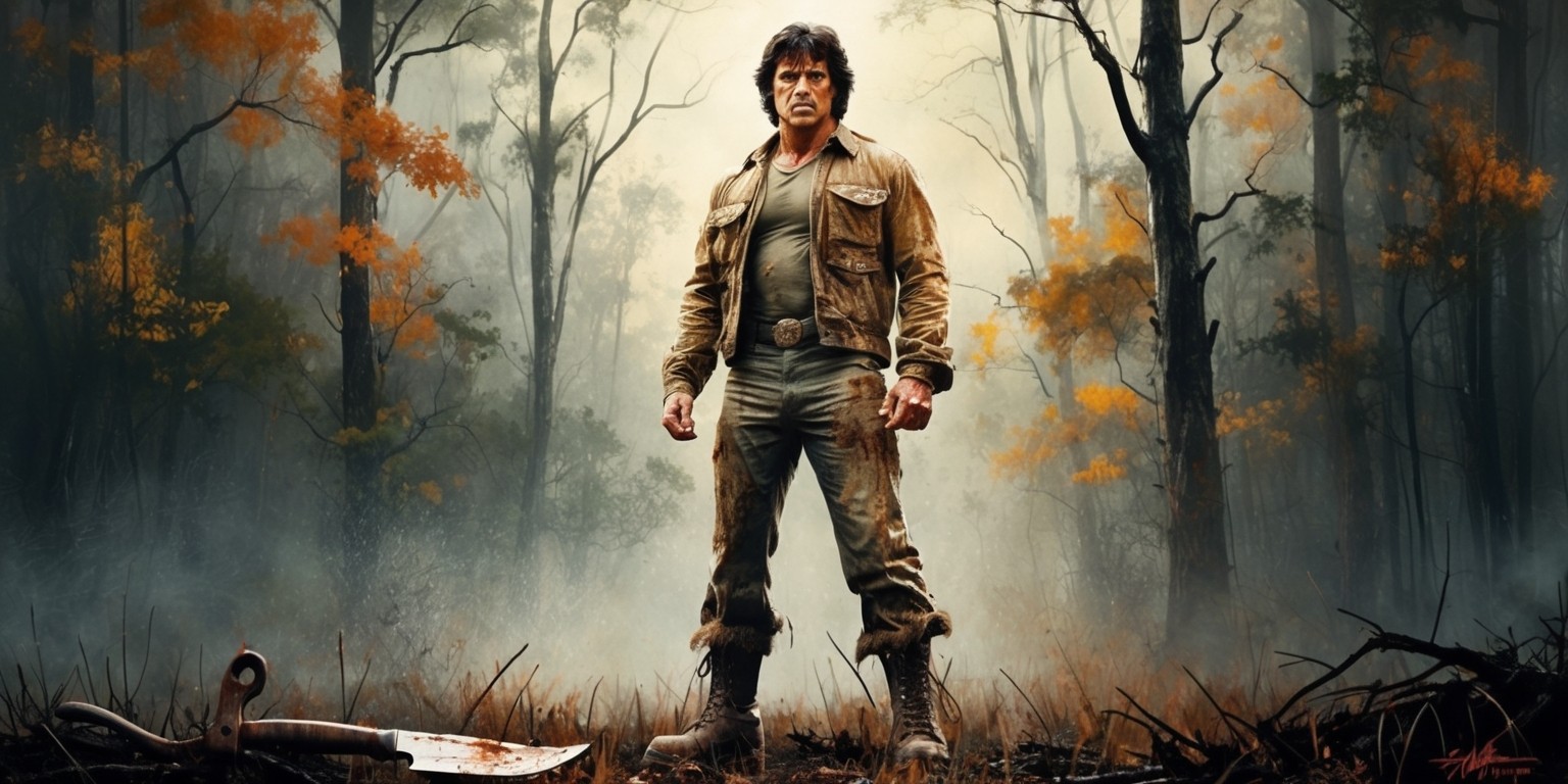 A gritty, intense illustration of Sylvester Stallone as John Rambo, the iconic Vietnam veteran, standing amid a misty, atmospheric forest backdrop, adorned with autumnal hues of oranges, yellows, and greens, evoking a sense of unease and tension. Rambo's facial features are rugged, with a strong jawline, piercing brown eyes, and a distinctive nose, his skin weathered from years of combat. He wears a worn, earth-toned jacket, faded pants, and scuffed combat boots, exuding a sense of rugged individualism. In the foreground, a rusty, worn-out knife lies on the ground, symbolizing Rambo's troubled past. The style is reminiscent of 80s action movie posters, with bold brushstrokes and textures that evoke a sense of grit and realism. The overall mood is dark, somber, and foreboding, capturing the essence of the iconic First Blood movie.