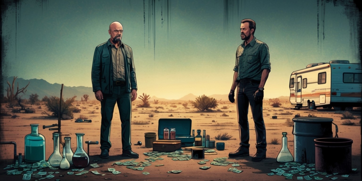 A moody, cinematic illustration of Walter White and Jesse Pinkman standing in a dimly lit, rundown New Mexico desert landscape, surrounded by scattered beakers, chemical equipment, and cash, with a hint of the RV in the background, exuding a sense of tension and foreboding, in a gritty, realistic style reminiscent of the show's iconic cinematography, with a muted color palette of dusty blues, sandy yellows, and worn-out reds, and a subtle gradient of warm golden light, as if captured during the magic hour, with Walter's stern, calculating expression and Jesse's anxious, sweaty demeanor, showcasing their complex, tumultuous partnership, with bold, expressive lines and textures that evoke a sense of gritty realism.