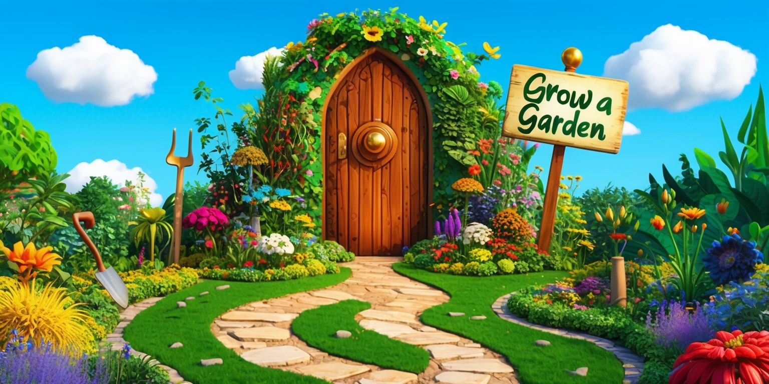 A whimsical illustration of a fantastical garden, vibrant with diverse flora, and lush greenery, set against a bright blue sky with puffy white clouds, featuring a large, intricately carved wooden door with a golden doorknob in the center, surrounded by colorful flowers, and a meandering stone path leading up to it, with a few strategically placed gardening tools and a sign that reads Grow a Garden in bold, playful, cursive script, with the words game written in smaller, yet still prominent, text above it, all rendered in a mix of realistic and stylized graphics, with bold lines, and textures that evoke a sense of wonder and discovery.