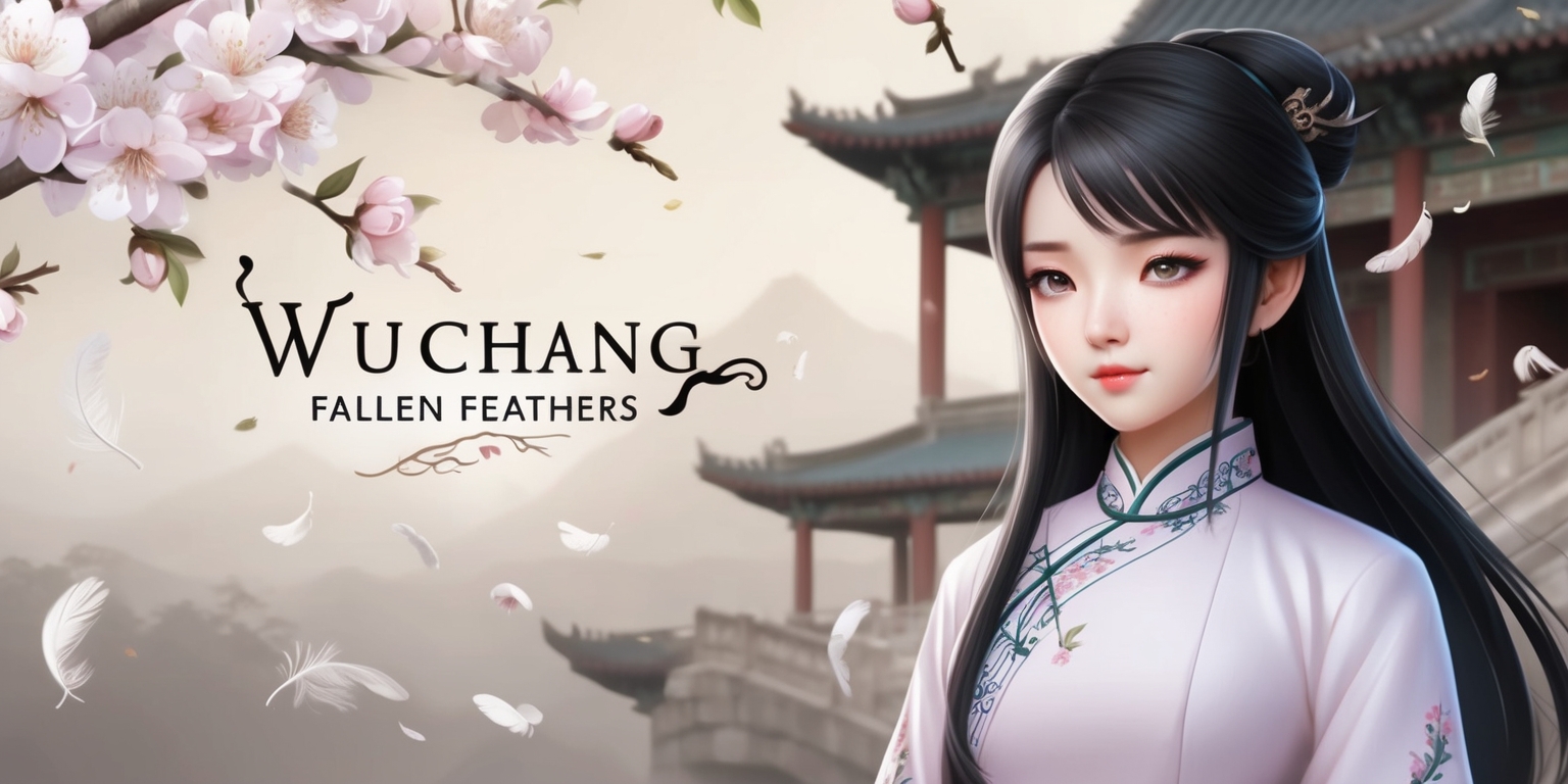 Wuchang Fallen Feathers game scene with delicate plum blossoms and scattered feathers in soft pastel colors, set against a muted background of ancient Chinese architecture, featuring a young female protagonist with long black hair and piercing green eyes, wearing a traditional qipao with intricate embroidery, standing alone amidst the serene atmosphere, with fallen feathers gently surrounding her, and a few feathers floating in the air, capturing the essence of a poignant moment in the game, with the title Wuchang Fallen Feathers subtly integrated into the scene in a elegant, cursive font style.