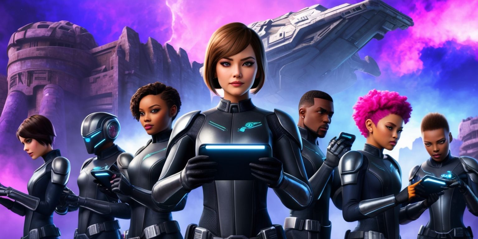 A futuristic sci-fi scene depicting a crucial moment in the Arc Raiders game, with a group of space explorers dressed in sleek black and silver armor, standing in front of a massive ancient alien structure, surrounded by a vibrant purple and blue nebula, the team leader, a young woman with short brown hair and determined expression, holding a holographic tablet, while her teammates, a diverse group of individuals with unique facial features and skin tones, including a tall, dark-skinned man with a strong jawline and a petite, Asian woman with vibrant pink hair, are examining their high-tech gadgets and preparing for battle, in the background, a massive spaceship is visible, with the Arc Raiders logo, a stylized silver and blue emblem, emblazoned on its side.