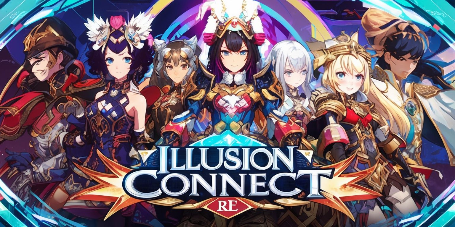 A vibrant digital illustration of a scene from Illusion Connect Re game, featuring a group of characters with intricate costumes and accessories, set against a stylized backdrop with a mix of futuristic and fantasy elements, with a bold color palette and dynamic lighting, the characters have distinctive facial features, varying skin tones, and unique attributes, with a focus on showcasing the game's blend of action, strategy, and role-playing elements, the scene is filled with detailed textures, patterns, and visual effects, with a sense of movement and energy, the overall style is a mix of anime and video game-inspired aesthetics, with sharp lines, bold shapes, and a sense of depth and dimensionality.