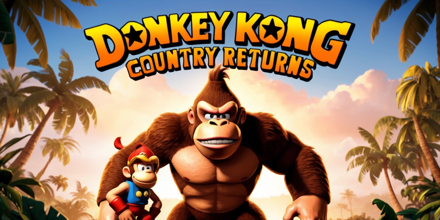 A vibrant, high-definition illustration of Donkey Kong Country Returns, set against a lush, jungle-inspired background with warm, golden lighting. The image features Donkey Kong, the iconic ape, standing heroically in the center, with his eyes fixed on the horizon. He's rendered in exquisite detail, with textured fur, expressive facial features, and a subtle smile. Diddy Kong, his trusted sidekick, perches on his shoulder, adding a touch of playfulness to the scene. The title Donkey Kong Country Returns is emblazoned across the top of the image in bold, curved letters, with a stylized, retro-inspired font that echoes the classic video game aesthetic. The overall style is a blend of realistic environments and stylized character designs, reminiscent of the game's distinctive visual flair.