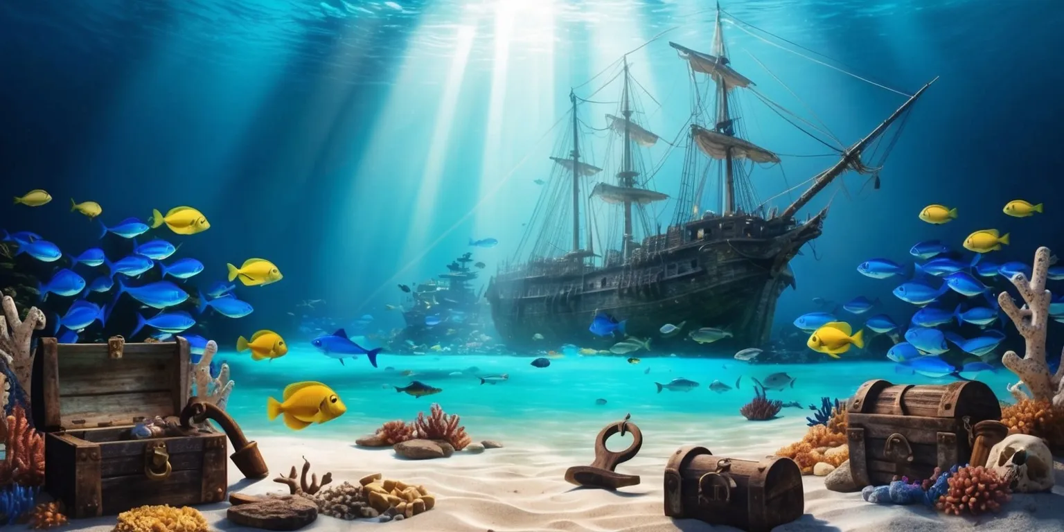 A serene and mystical underwater scene inspired by the Uncharted Waters Origin game, with a massive ancient shipwreck in the center, surrounded by schools of vibrant blue and yellow fish, coral reefs, and sunlight beams penetrating the crystal-clear water, with a subtle gradient of turquoise and navy blue hues in the background, and a few forgotten treasures scattered across the seafloor, including old chests, rusty anchors, and tattered sails, with the overall atmosphere evoking a sense of adventure, discovery, and wonder, as if the viewer is about to embark on an epic journey through the uncharted waters of the past.