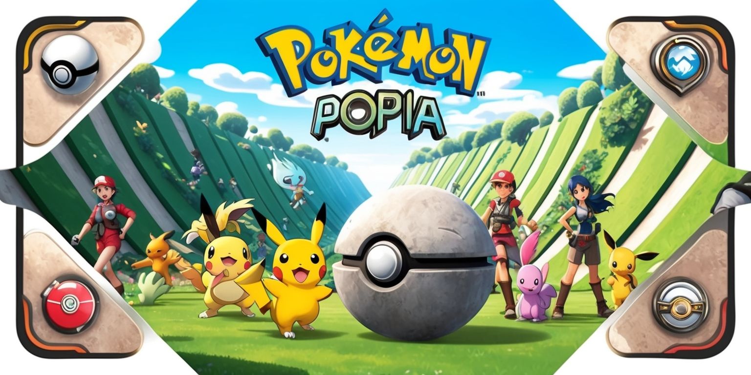 A vibrant digital illustration of the Pokopia game, set against a V-shaped valley with lush green trees and a bright blue sky, featuring a variety of Pokémon roaming freely, with a few trainers wearing adventurous outfits, standing near a large stone Poké Ball, surrounded by detailed game-inspired elements, such as Poké Balls, badges, and a few subtle game UI components, with bold lines, soft textures, and a mix of pastel and earthy colors, capturing the essence of a thriving Pokémon world, with the game's logo prominently displayed in a modern, curved font, in a metallic silver color, at the top of the image, and the overall composition balanced and visually appealing.