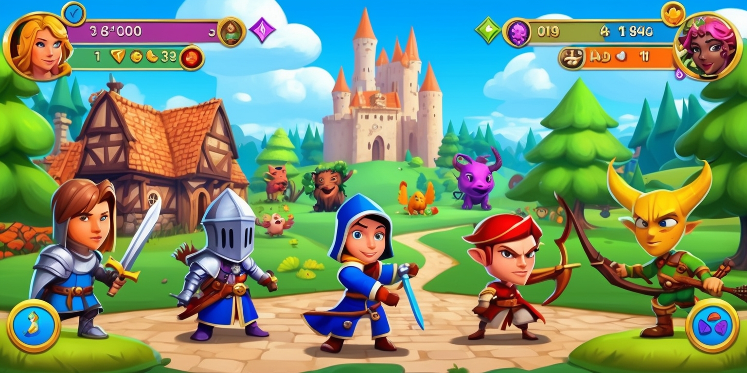A vibrant digital illustration of a fantasy role-playing game scene, set in a medieval-style town with a large castle in the background, featuring various characters and monsters from the game, including a brave knight with a sword, a powerful wizard with a staff, and a mischievous rogue with a bow, all with unique facial features and skin colors, surrounded by lush green trees, rolling hills, and a bright blue sky with fluffy white clouds, with a mix of vibrant colors and soft textures, and a stylized user interface overlay with bold font and colorful icons, displaying character stats, skill trees, and inventory menus, with a sense of adventure and excitement, capturing the essence of an immersive idle RPG game experience.