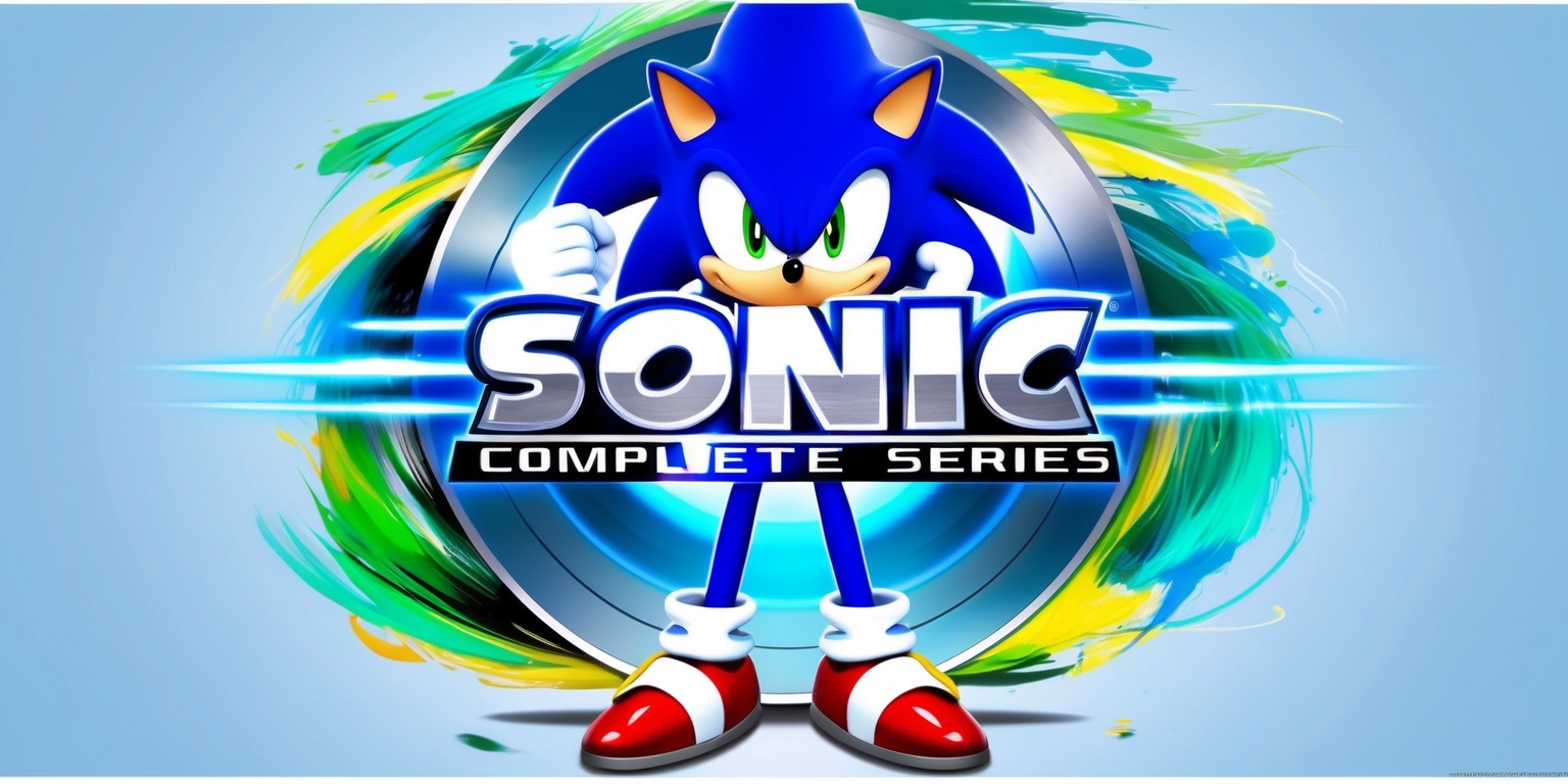 A colorful, high-energy illustration of Sonic the Hedgehog, the iconic blue anthropomorphic hedgehog with white gloves and red shoes, standing triumphantly in front of a sleek, silver Blu-ray disc with a bold, modern font displaying the title Adventures Complete Series in bright, electric blue and metallic silver colors, surrounded by a blur of vibrant, swirly patterns and abstract shapes in shades of blue, green, and yellow, evoking the speed and excitement of Sonic's adventures, set against a clean, solid blue background that complements the character's signature colors, with a slight gradient effect to give the image a sense of depth and dimensionality, and a thin, white border to frame the composition.