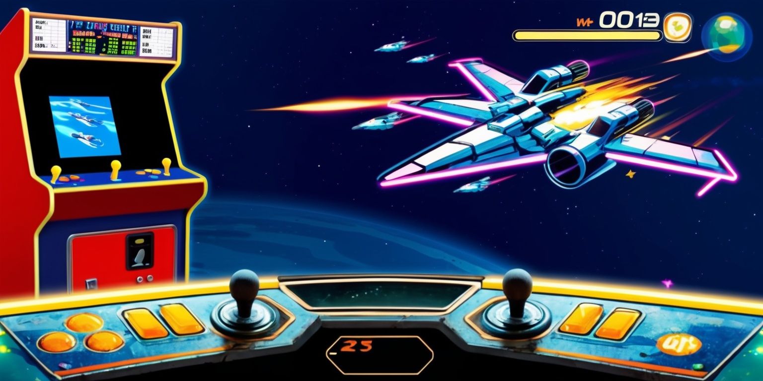 A nostalgic retro-themed twin-stick shooter game scene with a vibrant neon color scheme, featuring a classic arcade-style cabinet in the background, complete with flashing buttons and a high-score display, while in the foreground, a gameplay screenshot showcases a spaceships-versus-aliens battle, with sleek, pixelated graphics, bold lines, and a dynamic layout, set against a deep blue space background with scattered stars and explosions, the twin sticks and buttons on the cabinet are worn and have a retro aesthetic, with a faint glow effect on the screen and buttons to emphasize the retro ambiance.