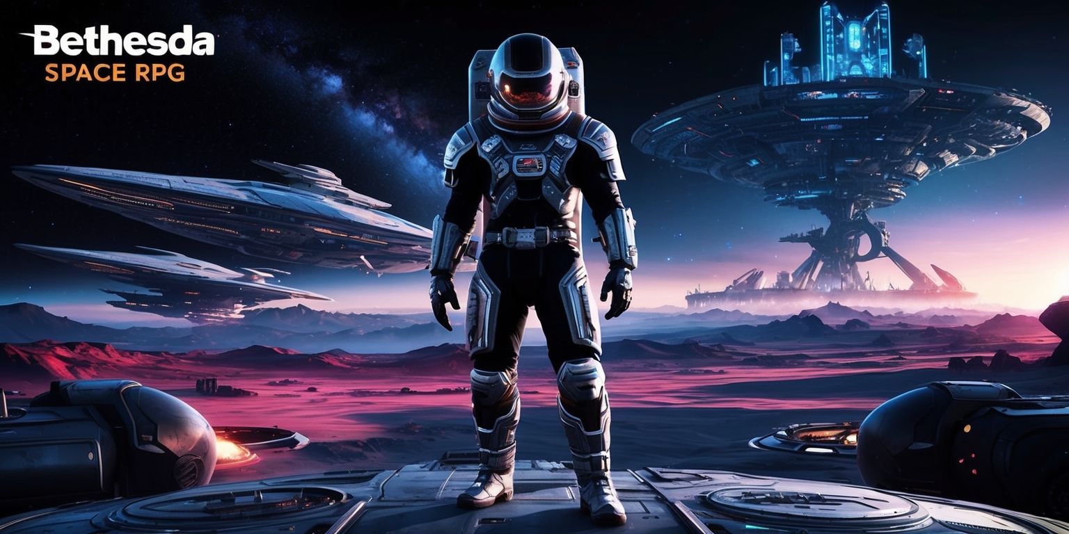 A futuristic sci-fi landscape set in a Bethesda space RPG game with a mix of vibrant colors and dark tones, featuring a lone astronaut standing on a distant planet's surface with a stunning galaxy backdrop, surrounded by sleek spaceships and advanced technology, the astronaut wears a intricately designed black and silver spacesuit with a bold, metallic helmet and a determined expression, in the distance, a sprawling space station or alien structure is visible, with neon lights and holographic displays illuminating the darkness of space, the overall style is reminiscent of a cinematic poster with bold lines, sharp textures, and an epic sense of adventure.