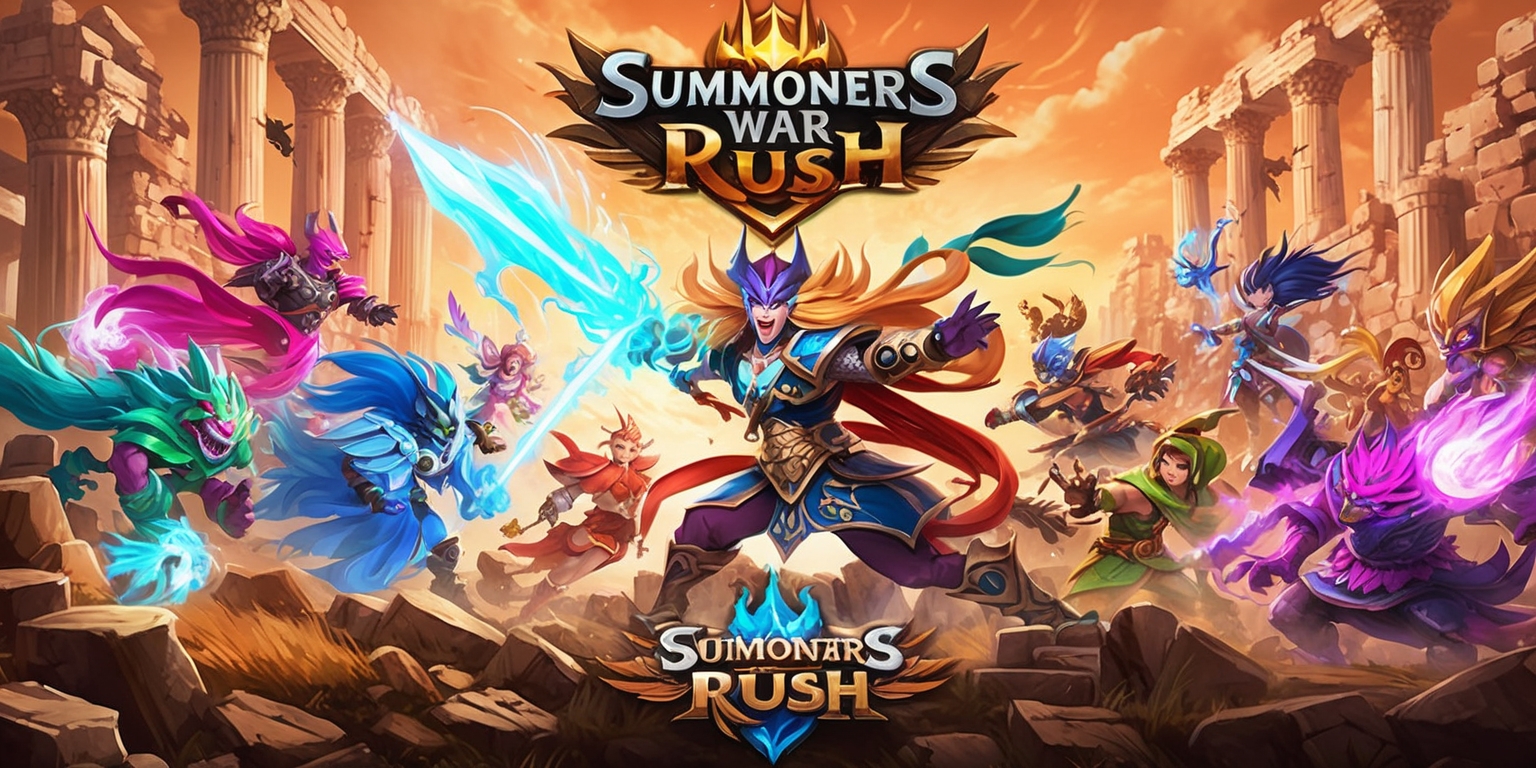 A vibrant, action-packed illustration inspired by the mobile game Summoners War: Rush, showcasing a group of colorful, mystical monsters or summoners with unique abilities, clashing in an epic battle amidst a sprawling, ancient ruin-filled landscape with crumbling stone pillars, intricate carvings, and a backdrop of fiery skies, with bold outlines, dynamic posing, and energetic splashes of magical energy, set against a warm, golden-hued atmosphere, with hints of ancient mysticism and adventure, featuring a prominent central figure, perhaps a powerful demon or legendary warrior, with piercing eyes, flowing hair, and ornate armor, surrounded by a diverse ensemble of supporting characters, each with distinct features, attire, and abilities, in a stylized, cartoon-inspired art style, blending fantasy and adventure elements with a dash of humor and personality.