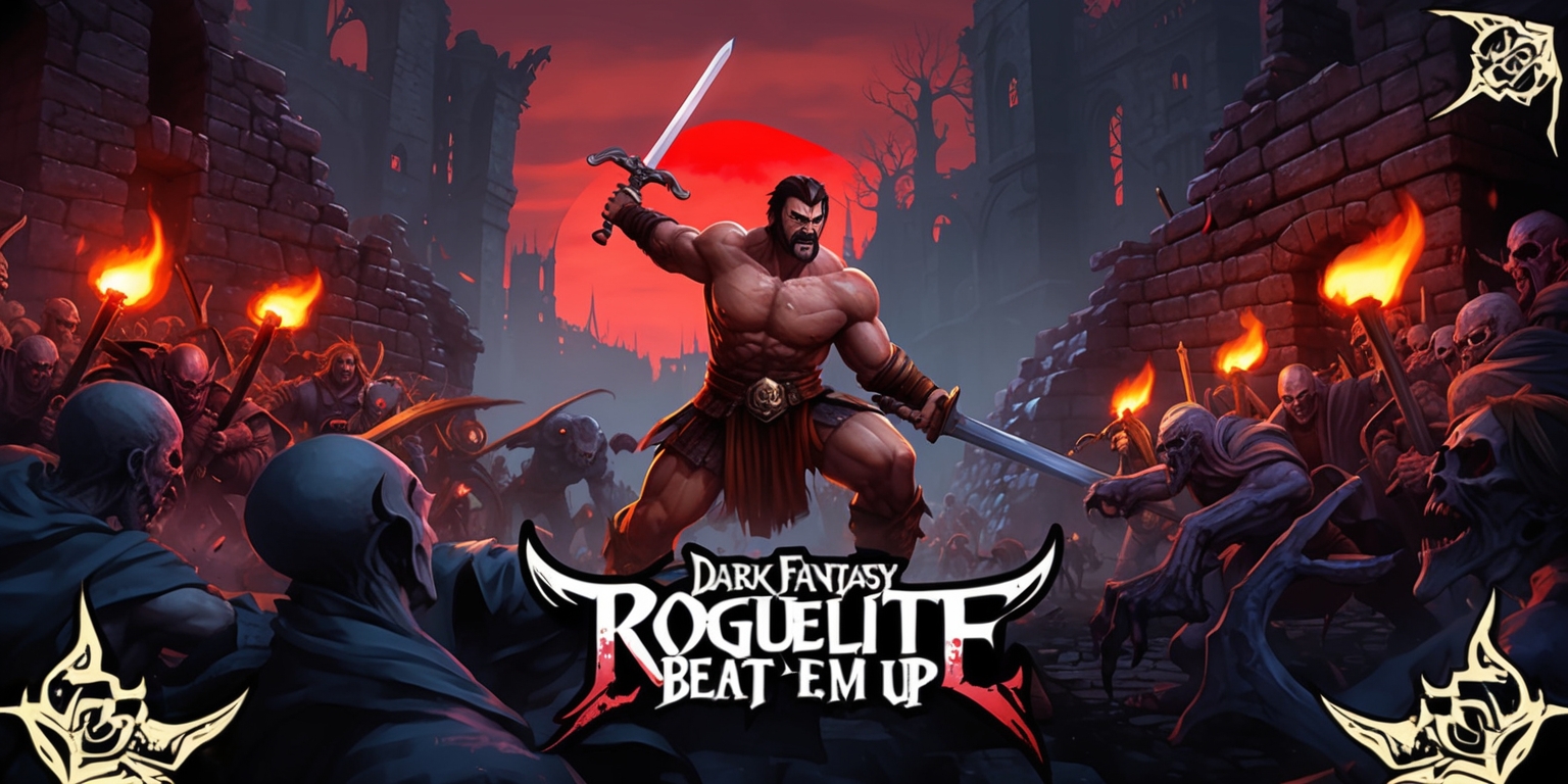 A dark fantasy roguelite beat 'em up game scene with a bold and gritty aesthetic, featuring a muscular warrior with rugged facial features and medium brown skin, wielding a large sword, battling hordes of undead creatures in a dimly lit, ruined cityscape with crumbling stone walls and eerie, flickering torches, set against a backdrop of a ominous, blood-red sunset, with a mix of warm and cool colors, in a dynamic, action-packed layout with the warrior at the center, surrounded by the chaotic, sprawling fight scene, and incorporating stylized, gothic-inspired game typography and intricate, hand-drawn designs throughout the environment and characters.