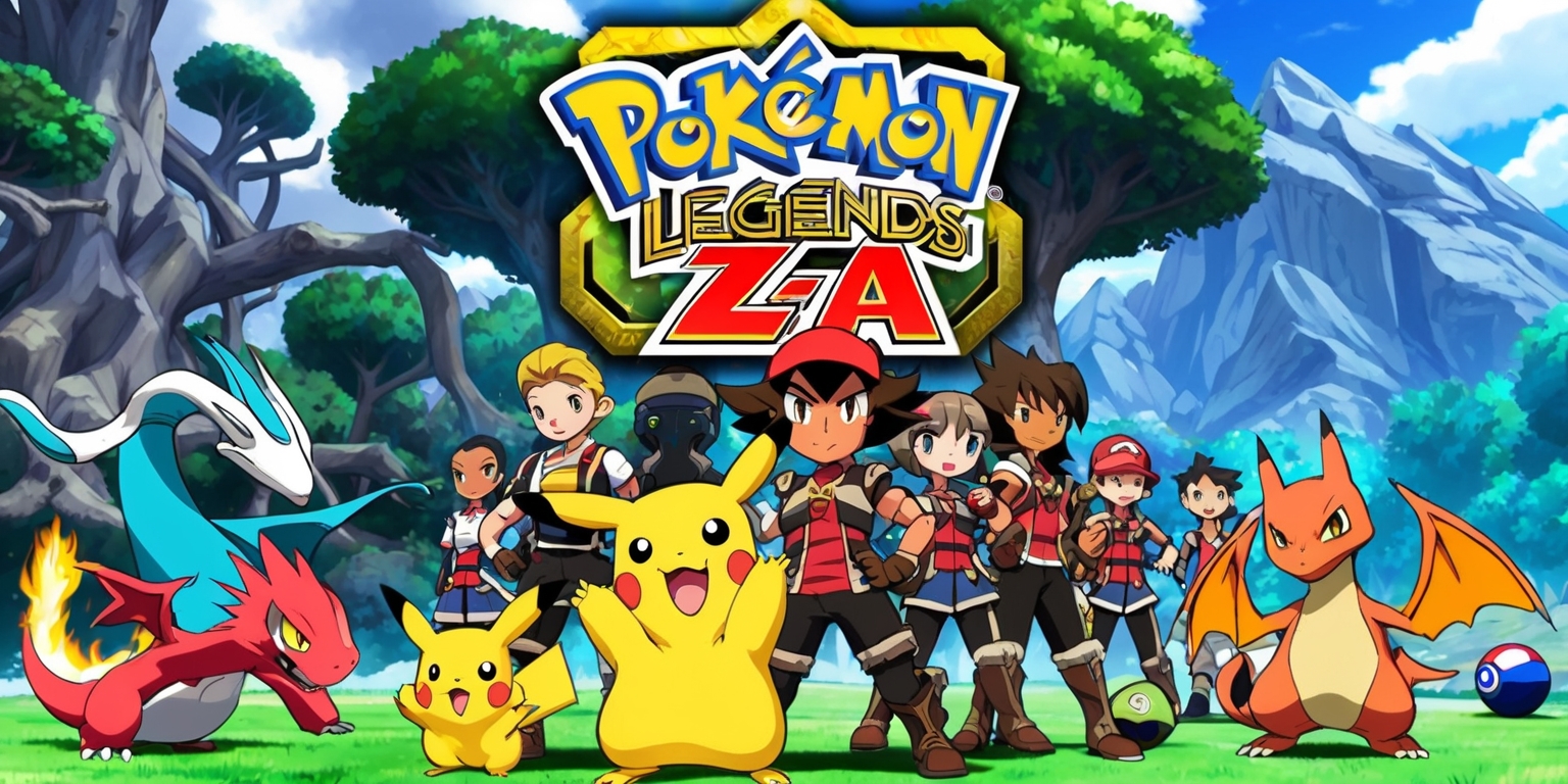 A vibrant, action-packed scene from Pokémon Legends: Z-A game, featuring a dynamic layout with a mix of lush green forests, towering trees, and rugged mountain ranges in the background, with the game's logo prominently displayed in a bold, golden font with a silver outline, at the top of the image, and a group of Pokémon trainers, including the main character, with determined facial expressions, diverse skin tones, and unique outfits, standing in the forefront, surrounded by their partner Pokémon, such as Pikachu, Charizard, and Dragonite, with each Pokémon showcasing its distinct characteristics, colors, and textures, and a few Poké Balls scattered around, with the overall style resembling a blend of anime and video game aesthetics, and a bright, adventurous color palette with shades of blue, green, and yellow, dominating the scene.
