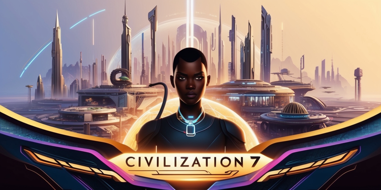 A vibrant and detailed illustration of Civilization 7, depicting a futuristic cityscape with sleek skyscrapers, advanced technology, and diverse cultural influences, set against a warm golden light, with a subtle gradient of blues and purples in the background, evoking a sense of progress and innovation, featuring a central figure, possibly a leader or explorer, with sharp facial features, dark skin tone, and a striking accessories such as a necklace or headset, standing in front of a glowing holographic interface, surrounded by intricate architectural details, and adorned with subtle, futuristic textures, with bold, curved lines and dynamic shapes, and a tagline or logo Civilization 7 in a stylized, metallic font, with a subtle glow effect, conveying a sense of excitement and discovery.