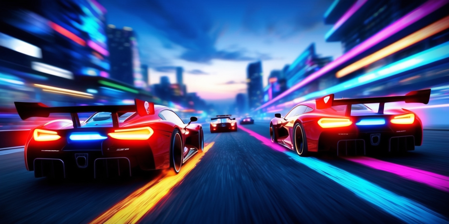 A high-octane, neon-lit racing game scene set at dusk, with sleek, futuristic cars zooming past a blurred cityscape, their taillights and brake lights casting a kaleidoscope of colors across the asphalt, as the camera zooms in on the intensity of the race, capturing the thrill and adrenaline rush of the competition, with a mix of realistic and stylized graphics, bold typography, and neon accents, evoking a sense of speed, technology, and excitement.