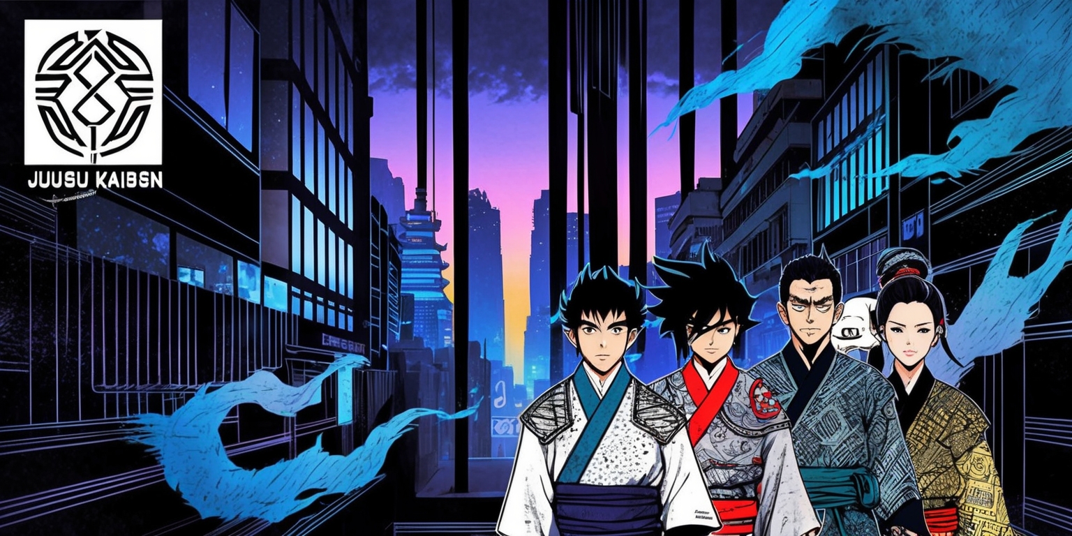 A vibrant and dynamic illustration inspired by the Jujutsu Kaisen manga series, featuring a dramatic cityscape at dusk with bold lines and geometric shapes, blending traditional and modern Japanese architectural elements, with a subtle gradient of deep blues and purples evoking a sense of mystery and supernatural energy, in the foreground, a group of Jujutsu Sorcerers, including Yuji Itadori, Satoru Gojo, and Megumi Fushiguro, standing back-to-back, each with distinct facial features, attire, and hairstyles, with intricate textures and patterns on their uniforms, surrounded by wispy, ethereal curses and magical effects, with subtle hints of textures and grain reminiscent of traditional manga pages, the composition is asymmetrical, with bold typography and stylized logo of the Jujutsu Kaisen emblem in the top-left corner, in a bold, modern, sans-serif font.