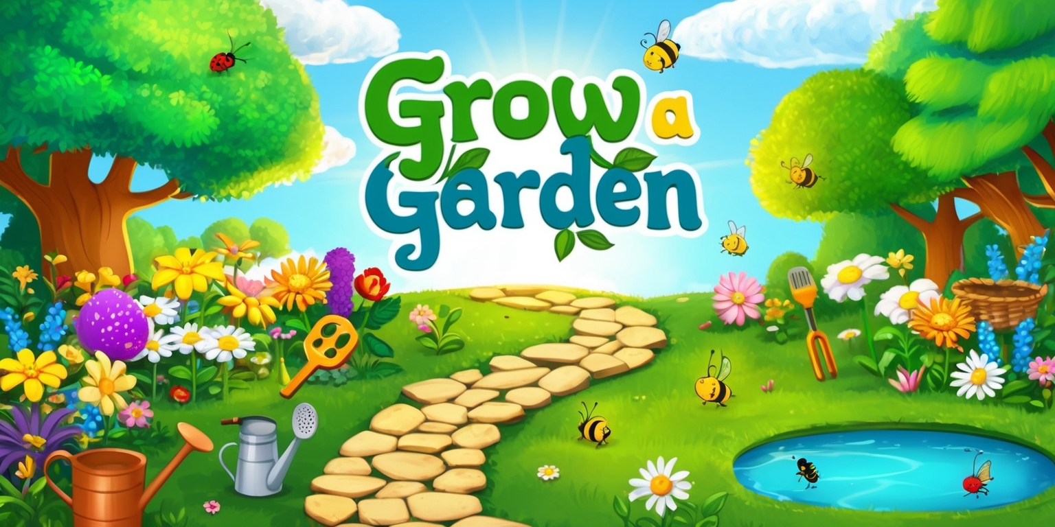 A colorful illustration of a whimsical garden scene for the Grow a Garden game, featuring a variety of vibrant flowers, lush green trees, and a bright blue sky with fluffy white clouds, with a winding stone path and a small pond in the foreground, surrounded by gardening tools and accessories, such as a watering can, a rake, and a basket, with a few friendly insects and animals, like bees, butterflies, and rabbits, roaming around, and a subtle sun shining down, casting a warm glow over the entire scene, with the game's title Grow a Garden written in bold, curly font with green and blue letters, and a few leaves and flowers intertwined with the text.