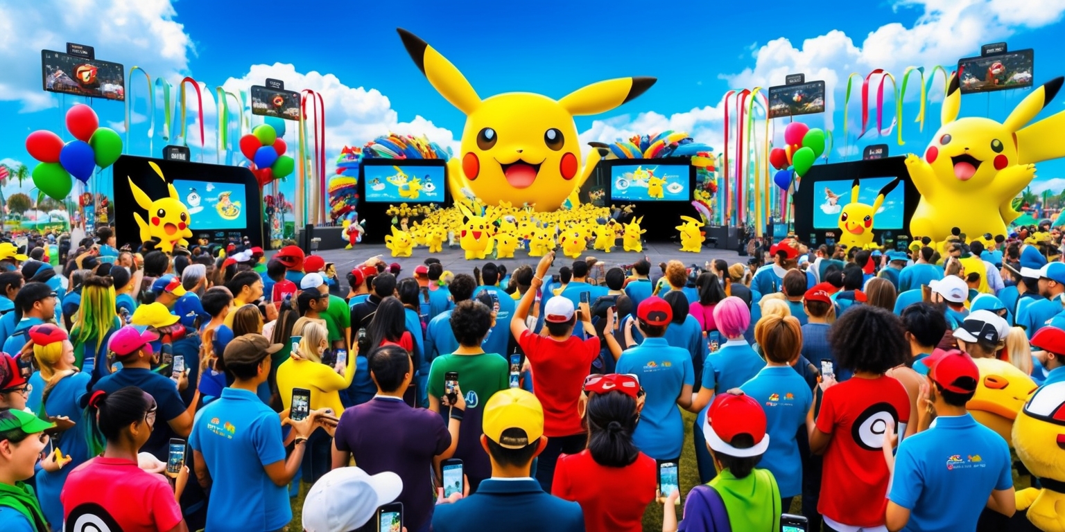 A vibrant and dynamic scene depicting a bustling Pokémon Go event, set against a bright blue sky with fluffy white clouds, where a diverse group of people of all ages, with varied skin tones and hairstyles, gather together, some wearing Pokémon-themed outfits and accessories, enthusiastically holding their smartphones and tablets, with screens displaying Pokémon battles, PokéStops, and gyms, amidst a backdrop of colorful balloons, streamers, and giant Pokémon plushies, with a large, eye-catching stage in the center, featuring a massive Pikachu or Squirtle statue, surrounded by event staff and moderators wearing official Pokémon Go event uniforms, with a few Pokémon cosplayers mingling with the crowd, and a sense of excitement and joy filling the air.