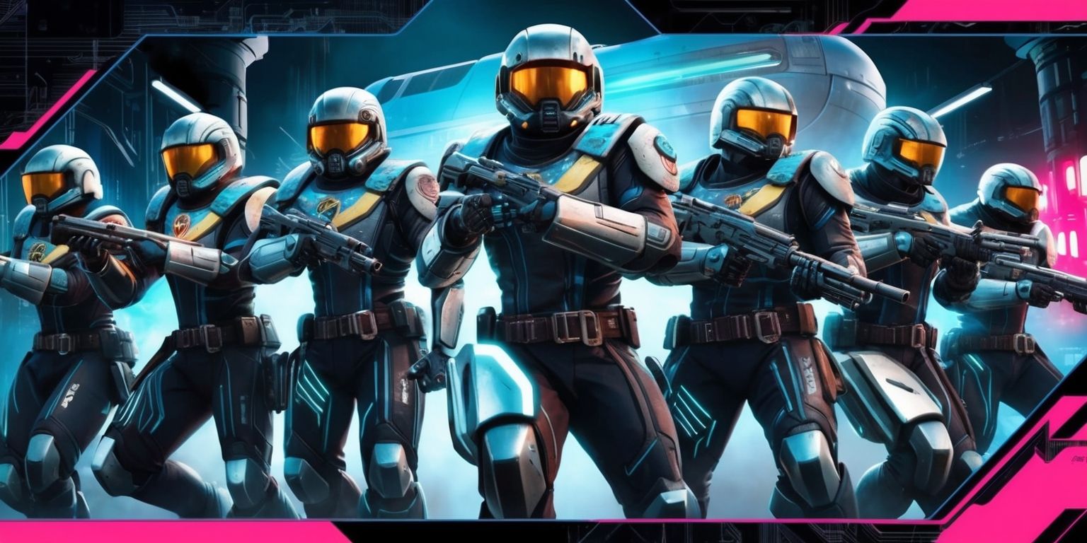 A futuristic sci-fi scene depicting a group of raiders from the Arc Raiders game, set against a dystopian backdrop with a mix of neon and dark industrial colors, the raiders are dressed in sleek high-tech armor with metallic accents, their facial features obscured by helmets, with hints of determined expressions, the armor is adorned with unique logos and markings, the scene is dynamic with a sense of movement and action, the raiders are positioned in a triangular formation, with a large futuristic spaceship looming in the background, the color palette is predominantly dark blues and greys with flashes of bright neon lights, the overall style is reminiscent of a comic book panel with bold lines and vibrant colors.