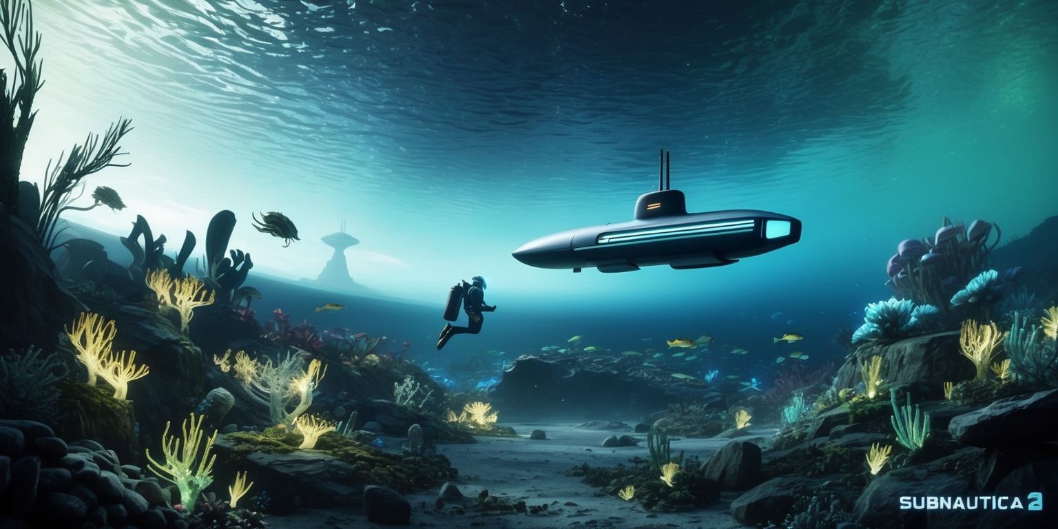 A futuristic underwater scene from Subnautica 2 game with a vast oceanic landscape, featuring an assortment of alien sea creatures and underwater flora, a sleek, high-tech submarine in the distance, with a diver in a futuristic diving suit exploring the ocean floor, surrounded by an array of glowing bioluminescent plants and strange rock formations, with a faint blue-green hue dominating the color palette, and a sense of mystery and discovery emanating from the scene, set against a backdrop of an otherworldly, alien ocean with a mix of dark and light shades, and a subtle gradient of blues and greens to convey depth and dimensionality.