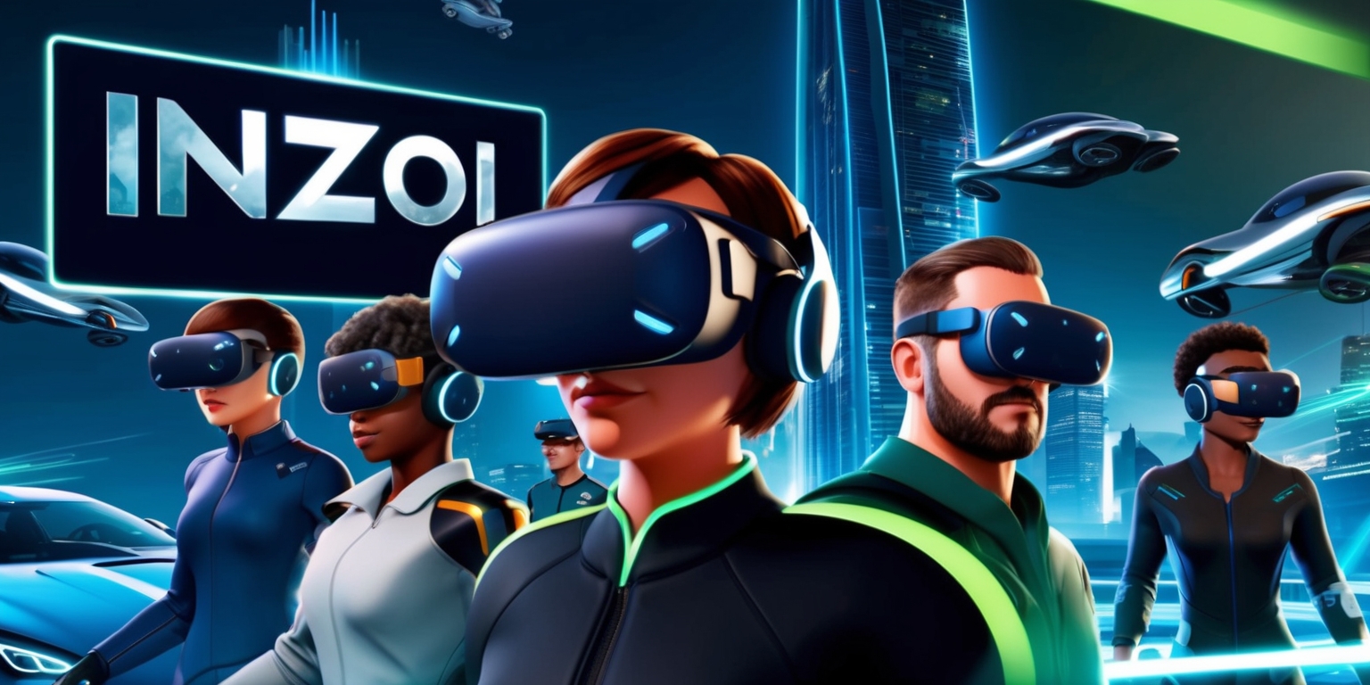 A futuristic scene of a virtual reality simulation game called InZoi, with a dark blue and neon green color scheme, featuring a cityscape with sleek skyscrapers and flying cars, and a group of players with diverse facial features and skin colors, including a woman with short brown hair and a man with a strong jawline, all wearing futuristic VR headsets and interacting with the game environment, with a large screen display in the background showing the game's logo in bold, metallic letters, and a hint of holographic elements and neon lights illuminating the atmosphere, with a sense of dynamic movement and energy.