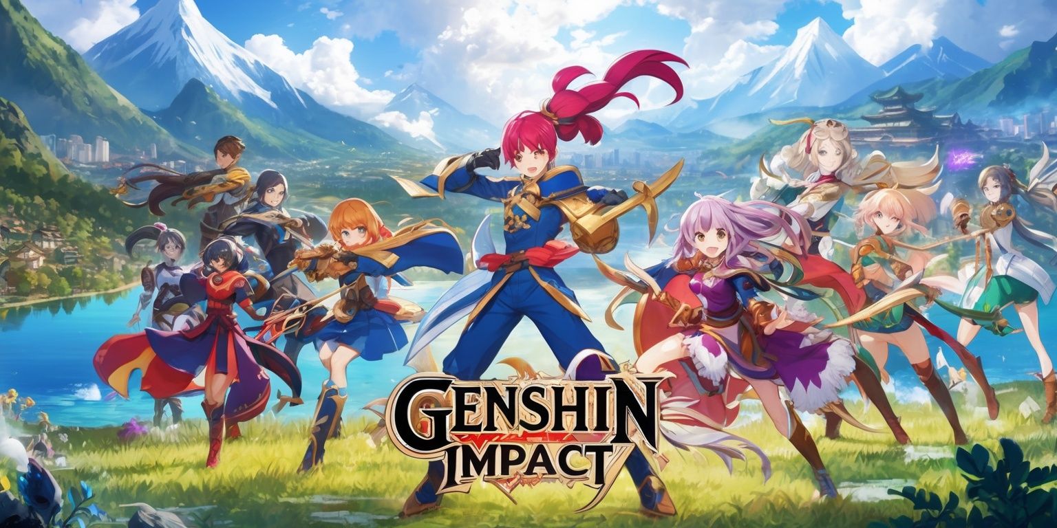 A vibrant and dynamic scene from the popular Genshin Impact game, featuring a diverse cast of characters with unique abilities and elemental powers, set against a stunning backdrop of lush mountains, serene lakes, and sprawling cities, with intricate details and textures, and a color palette that blends soft pastels with deep, rich hues, showcasing the game's distinctive anime-inspired art style, with characters posing heroically, their facial features and skin tones carefully rendered to reflect their individual personalities and cultural backgrounds, and incorporating subtle visual effects and lighting to enhance the overall sense of wonder and adventure.