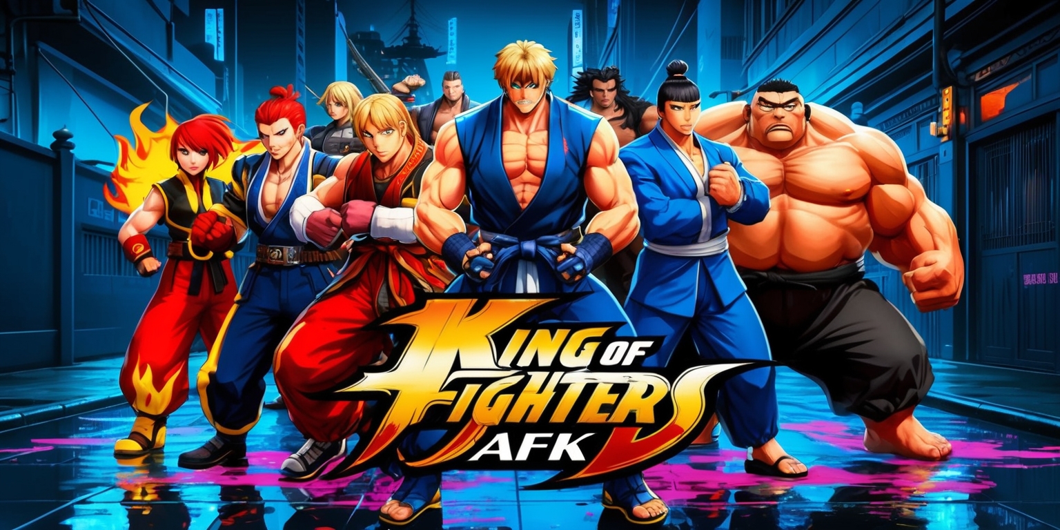 A vibrant and dynamic digital illustration depicting the characters and atmosphere of the King of Fighters AFK game, set against a dark blue and gray urban backdrop with neon lights reflecting off the wet pavement, featuring a diverse group of fighters with unique facial features, skin colors, and outfits, including Kyo Kusanagi with his distinctive red and yellow flames, Benimaru Nikaido with his blonde hair and blue suit, and Chang Koehan with his massive size and menacing expression, all standing in a heroic pose with dramatic lighting effects and bold lines, surrounded by subtle hints of Asian-inspired architecture and mysticism, with the game's logo prominently displayed in a bold, golden font with a subtle gradient effect.