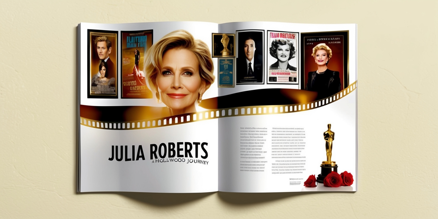 A horizontal, magazine-style spread featuring Julia Roberts as the central figure, surrounded by iconic movie posters, awards, and memorabilia showcasing her illustrious Hollywood career, with a warm, golden lighting and subtle film grain texture, evoking a sense of nostalgia and glamour, against a soft, creamy white background, with bold, modern typography in a metallic silver font, reading Julia Roberts: A Hollywood Journey in a curved, cinematic layout, with the title slightly overlapping the edges of the framed posters, and a sprinkle of red carpet-inspired accents, such as a miniature golden Oscar statuette and a few strategically placed ruby-red roses, adding a touch of luxury and sophistication to the overall design.