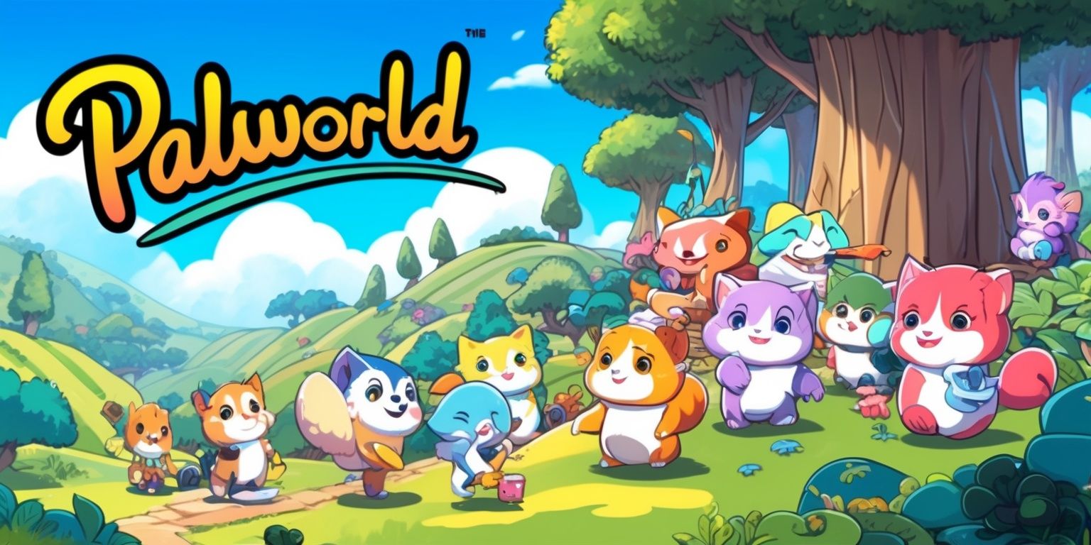 A vibrant and colorful digital illustration of the Palworld game, featuring a group of Pals, adorable creatures with distinct facial features and pastel-colored fur, set against a lush, natural environment with rolling hills and towering trees, the Pals engaging in various activities such as playing, exploring, and interacting with each other, with a bright blue sky and fluffy white clouds in the background, the overall style reminiscent of a fantasy anime or manga, with bold lines, soft textures, and intricate details, the layout balanced and harmonious, with a mix of warm and cool colors, and the Palworld logo prominently displayed in a modern, cursive font, with a subtle gradient effect, in the top-left corner of the image.