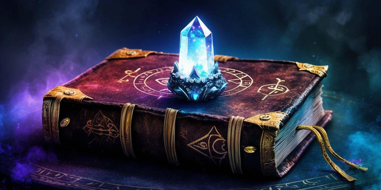 A mystical, ornate crystal, illuminated by a soft, ethereal glow, rests against a worn, ancient leather-bound book with golden clasps, adorned with mysterious symbols and markings, set against a dark, misty, atmospheric background, evoking the mystical realm of Atlan, with hints of ancient wisdom and forgotten knowledge, in a digital art style reminiscent of fantasy RPGs, with vibrant blues and purples, accented with gold and silver, and subtle, intricate details, inviting the viewer to unlock the secrets of the crystal and uncover the mysteries of Atlan's world.