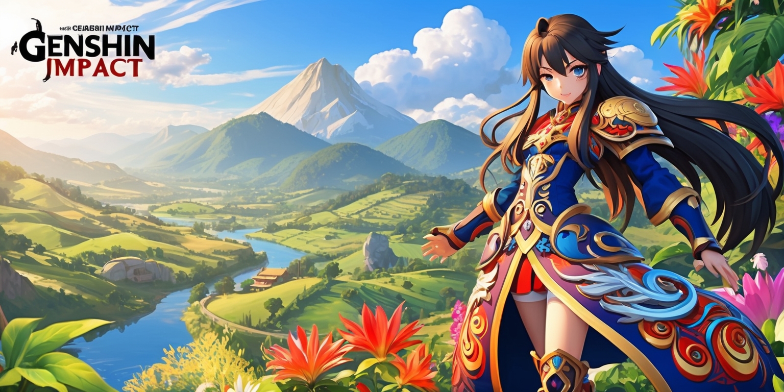 A vibrant fantasy scene from the Genshin Impact game, featuring a breathtaking landscape with rolling hills, towering mountains, and serene waterways, set against a warm, sunny sky with a few puffy white clouds, with the game's iconic characters, including a young female warrior with long, flowing hair and a determined expression, standing heroically in the foreground, dressed in a beautifully detailed, anime-style outfit, with intricate, swirling patterns and a bold, colorful design, surrounded by lush greenery and vibrant, exotic flowers, with the game's distinctive logo and typography subtly integrated into the scene, in a stunning, high-definition, digital art style, with bold lines, vibrant colors, and meticulous attention to detail.