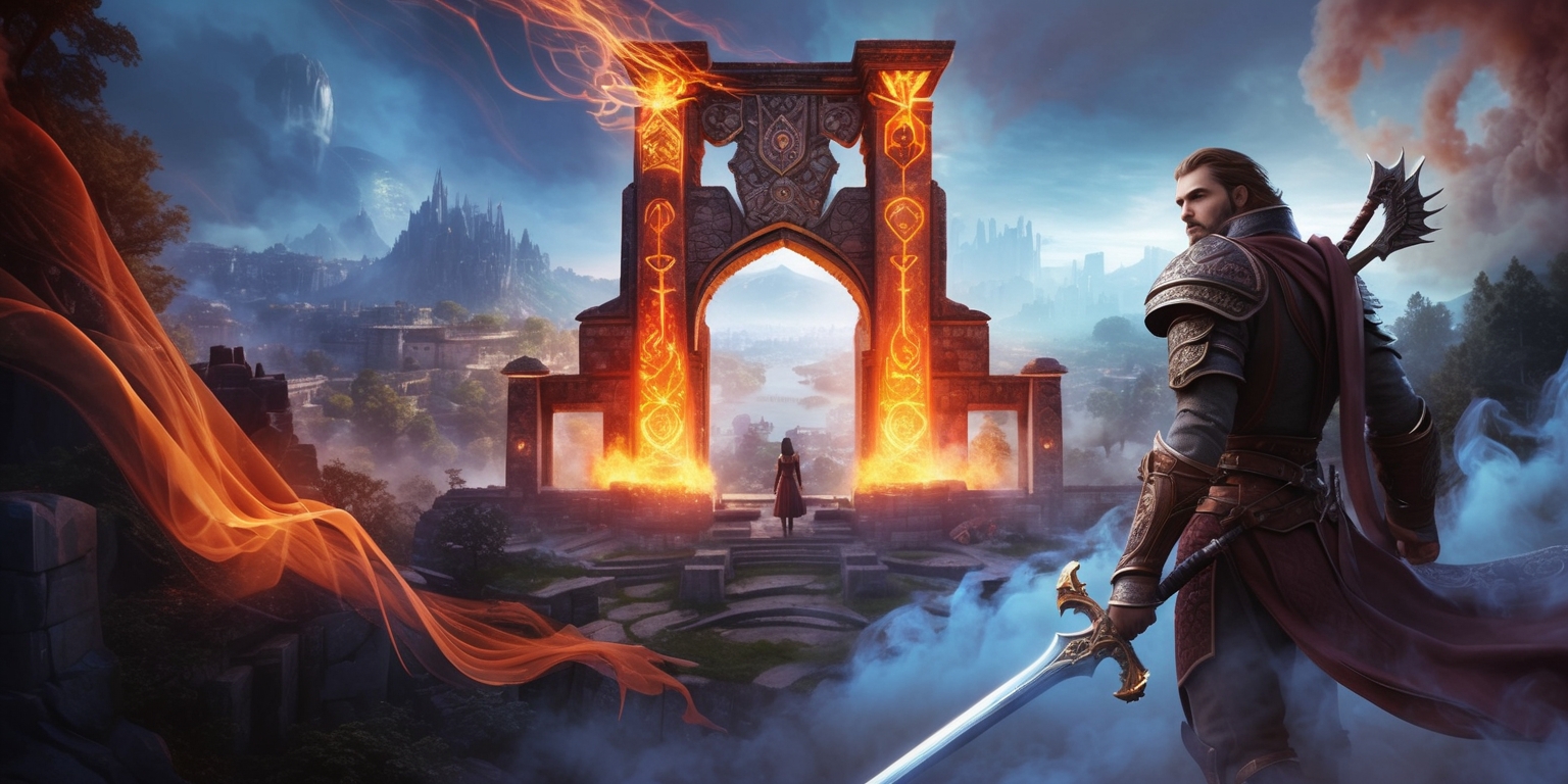 A highly detailed, futuristic, and atmospheric digital artwork depicting the fantasy world of Oblivion, remastered with vibrant colors and dramatic lighting, set against a backdrop of ancient ruins, sprawling cities, and mystical forests, with the iconic Oblivion gate looming in the distance, its intricate stone carvings and glowing orange runes pulsing with an otherworldly energy, as a heroic figure, clad in ornate armor and wielding a majestic sword, stands proudly in the foreground, gazing out into the horizon, their facial features strong and determined, with a hint of wisdom and courage etched onto their skin, amidst a swirling vortex of mist, smoke, and magical energies that evoke a sense of adventure, mystery, and high fantasy.