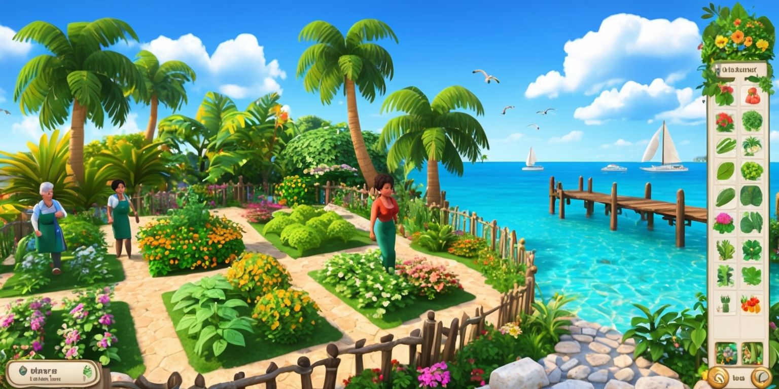 A vibrant and detailed digital illustration of a serene island gardening simulation game, set against a warm and sunny backdrop with clear blue skies and fluffy white clouds, featuring a variety of lush green plants, colorful flowers, and towering palm trees, with a few gardeners of diverse skin tones and ages, each with unique facial features and hairstyles, tending to the gardens with an array of gardening tools, surrounded by decorative stone pathways, wooden fences, and a majestic wooden dock extending into the crystal-clear turquoise ocean, with a few sailboats and seagulls in the distance, and a user interface displaying the game's menus and options in a clean and modern style, with bold and colorful fonts and icons, blending seamlessly into the natural scenery.